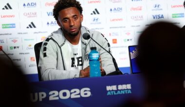 A photo of Cape Verde captain Ryan Mendes at a press conference in Atlanta, Georgia.