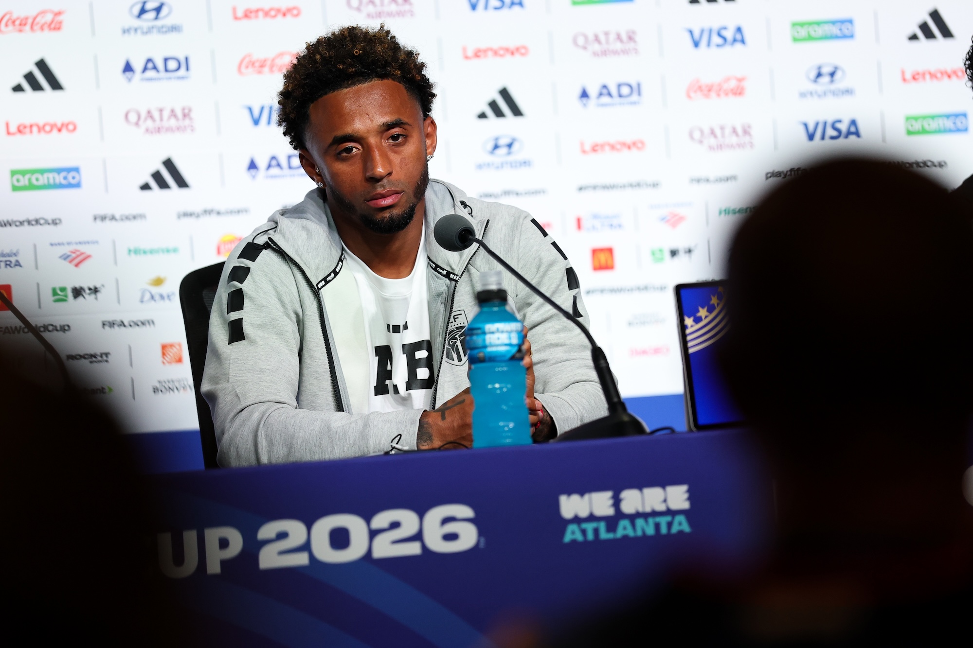 A photo of Cape Verde captain Ryan Mendes at a press conference in Atlanta, Georgia.