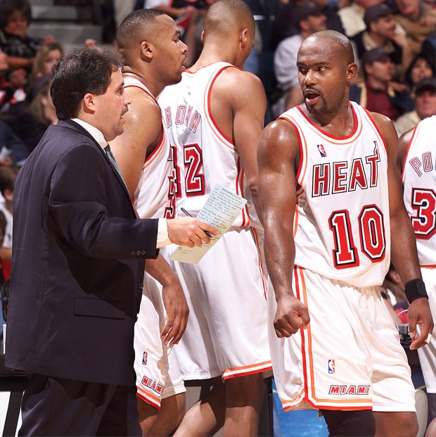 Then Heat assistant coach Stan Van Gundy at left, talks to Tim Hardaway during a game vs Denver in 1999. (Sun Sentinel file)