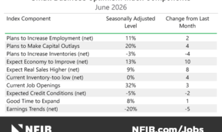 Informational table: Small Business Optimism Index Components, June 2026. Columns are Component, Seasonally Adjusted Level, Change from Last Month. Examples: Plans to Increase Employment (net) 11% level (+2); Plans to Make Capital 20% level (+4); Earnings Trends (net) -20% level (-5). NFIB logo below.