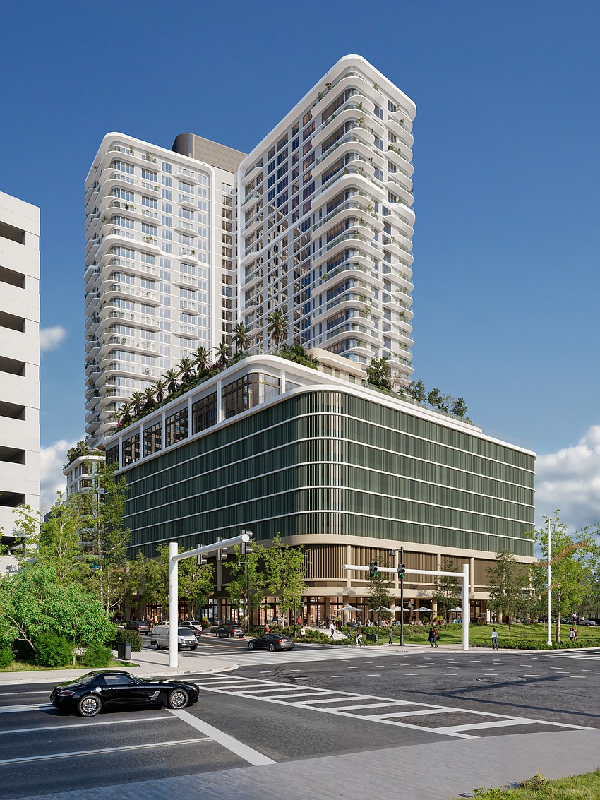 A rendering of a new, 33-story luxury tower planned for Water Street Tampa.