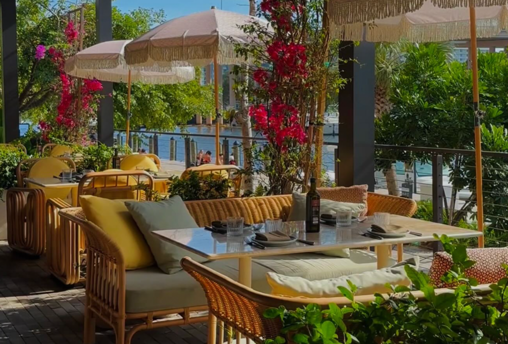 an outdoor terrace with umbrellas and dining tables