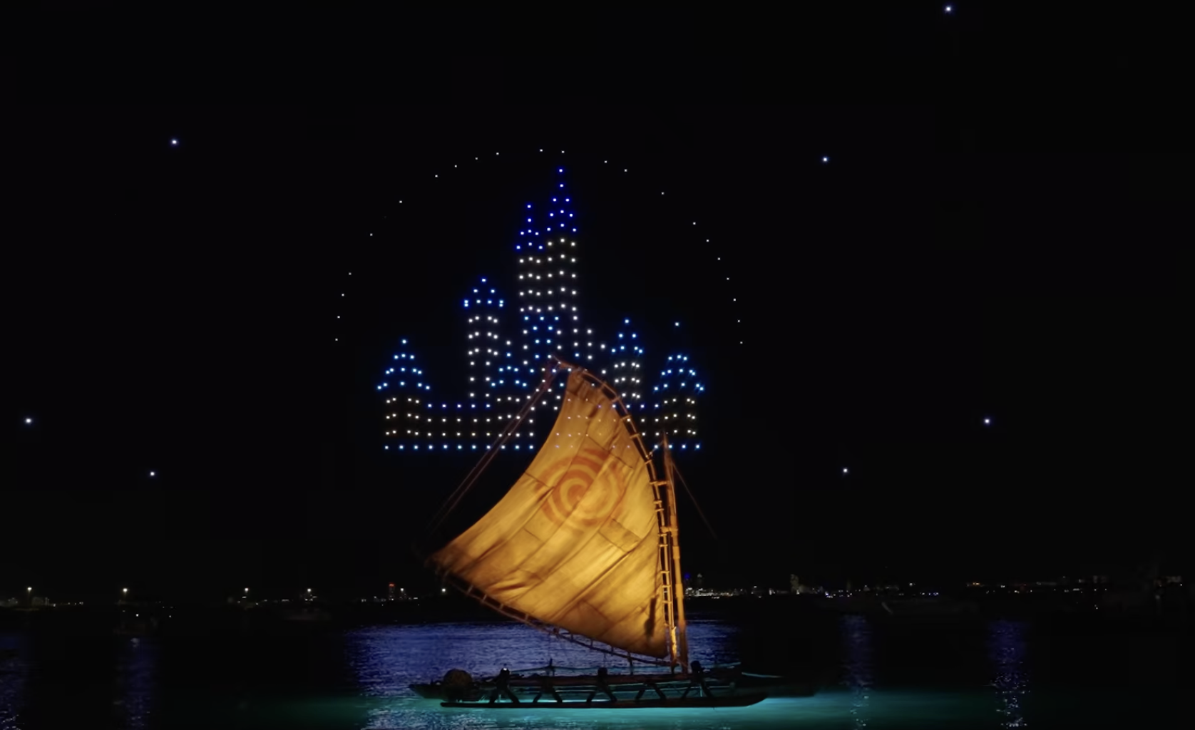 This special, one-night-only Moana drone show included a medley of songs that sound like they are from the live-action version of the film, coming out one week from today. The drones form various symbols and icons from the film as well as a Fantasyland Castle at the start, as seen above.