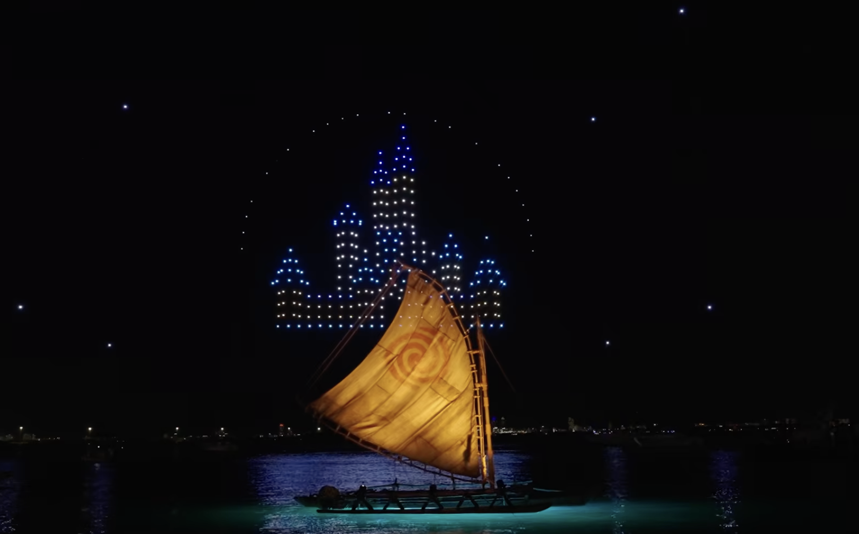 This special, one-night-only Moana drone show included a medley of songs that sound like they are from the live-action version of the film, coming out one week from today. The drones form various symbols and icons from the film as well as a Fantasyland Castle at the start, as seen above.