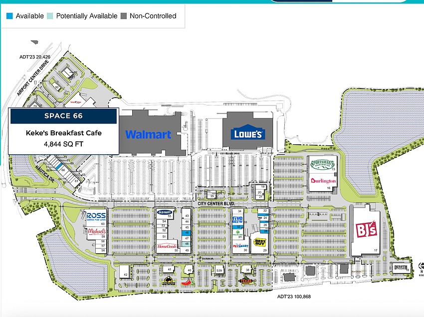 The site plan for River City Marketplace shows Keke’s Breakfast Cafe in Units 66-67. The site plan for River City Marketplace shows Keke’s Breakfast Cafe in Units 66-67.