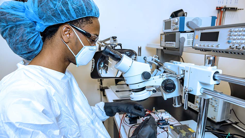 student in scrubs working at a microscope with black gloves on