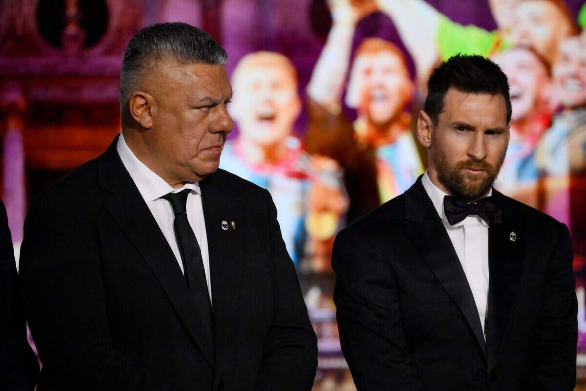 PARIS, FRANCE: Claudio Fabián Tapia and Lionel Messi on stage during the 2023 Laureus World Sport Awards Paris show at Cour Vendome on May 08, 2023 in Paris, France. (Photo by Kristy Sparow/Getty Images for Laureus)
