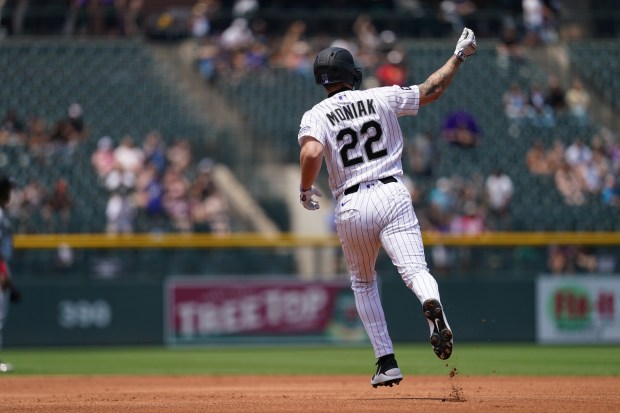 Left fielder for the Colorado Rockies, Mickey Moniak (22), rounds the bases after hitting a homer against the Miami Marlins at Coors Field in Denver on Thursday, July 2, 2026. The Marlins would fall to the Rockies 14-4. (Photo by Harmon Dobson/The Denver Post)