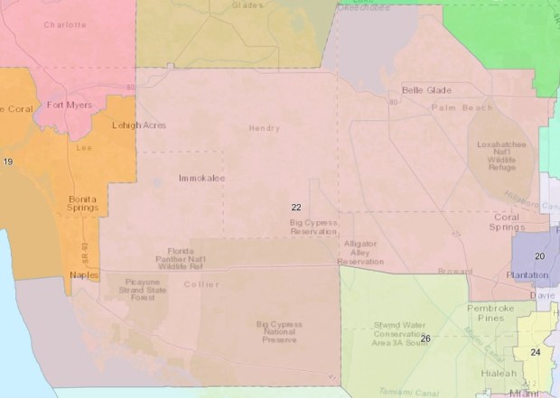 The 22th Congressional District, created in the 2026 Florida special redistricting, takes in parts of Broward, including Parkland and Weston, and Palm Beach County, including Wellington and the Glades communities, and stretches west to Marco Island and the Gulf Coast. (Florida Senate/courtesy)