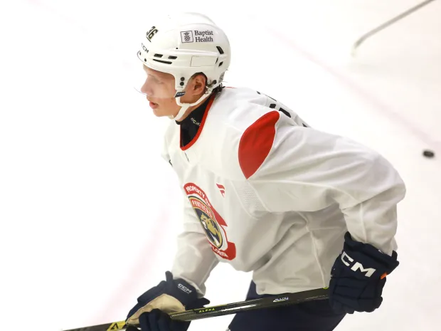 Florida Panthers prospect Simas Ignatavicius participates in drills during Panthers Development Camp at Baptist Health IcePlex in Fort Lauderdale on Monday, June 29, 2026. (Carline Jean/South Florida Sun Sentinel)