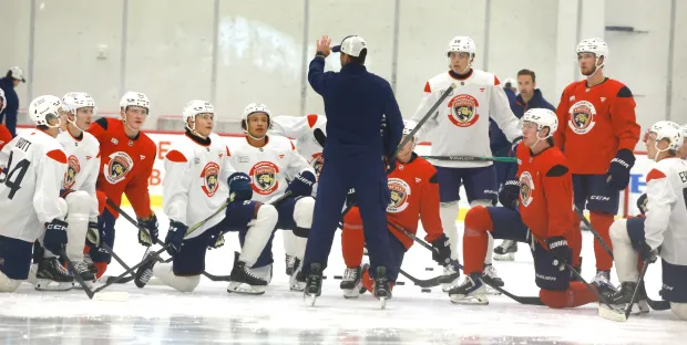 Florida Panthers prospective players listen to coaching during Panthers Development Camp at Baptist Health IcePlex in Fort Lauderdale on Monday, June 29, 2026. (Carline Jean/South Florida Sun Sentinel)