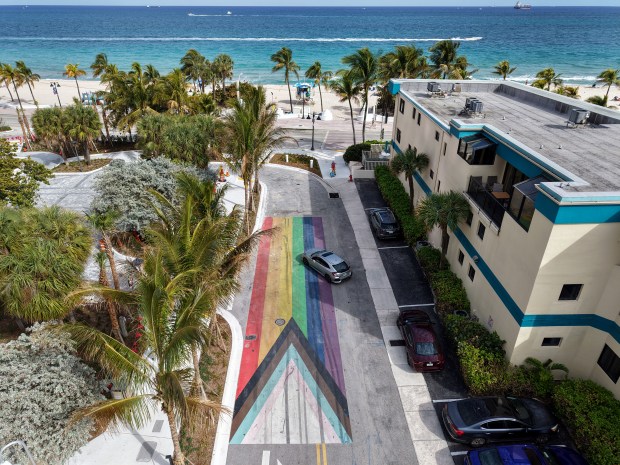 A rainbow street art mural remains visible on Wednesday, Feb. 11, 2026 on Sebastian Street near Fort Lauderdale beach because the city took a stand against a statewide directive ordering all street art to be removed. (Mike Stocker/South Florida Sun Sentinel)