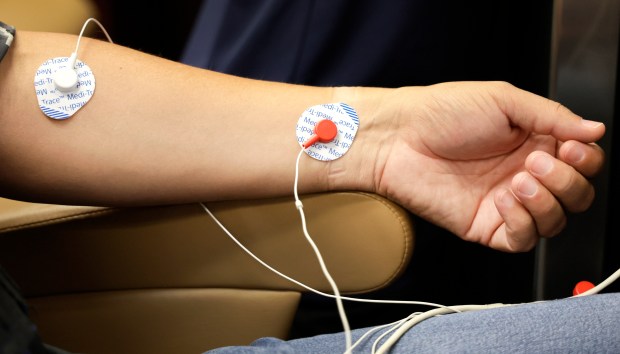 Agurto gets his biofeedback recorded during an adrenaline therapy research for veterans, where veterans turn to heartbeat-increasing activities such as racecar driving to help with their PTSD at Nova Southeastern University on Wednesday. (Carline Jean/South Florida Sun Sentinel)