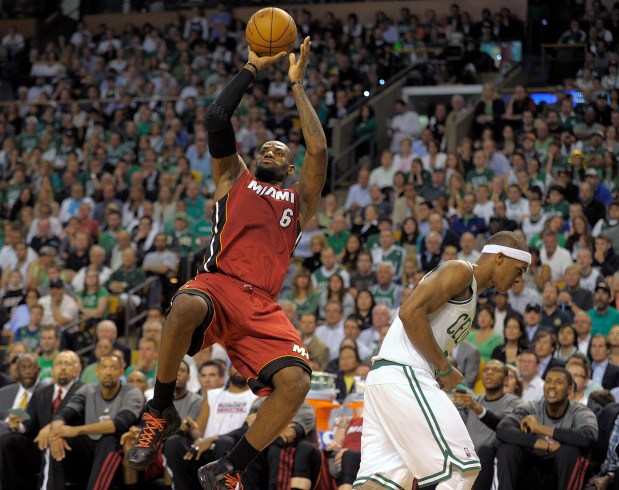 Miami Heat forward LeBron James takes a shot and is fouled by Boston Celtics guard Rajon Rondo during the first half of Game 6 of the Eastern Conference Finals, Thursday, June 7, 2012, at TD Garden. Michael Laughlin, South Florida Sun Sentinel