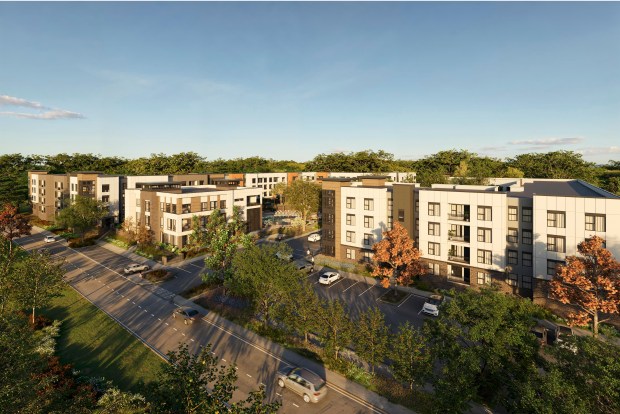 An aerial rendering reveals the full scope of the 25-acre transformed complex, which will feature 484 units delivered across two consecutive annual phases. (Courtesy Beachwold Residential)