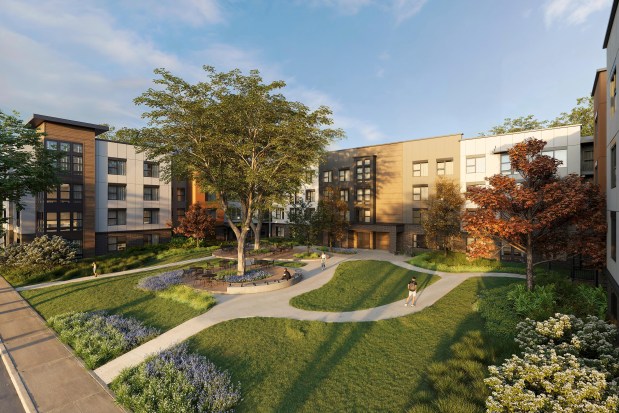 Green spaces and walking paths will weave between the new four-story residential buildings, fulfilling the developer's strategy to scale down raw bed capacity to maximize natural light and outdoor community programming. (Courtesy Beachwold Residential)