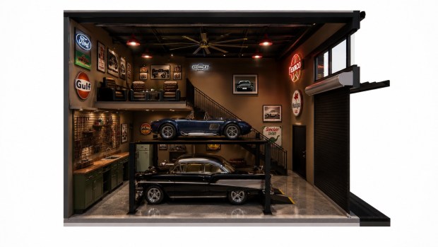 An interior perspective of the 709-square-foot Reserve unit illustrates how lifts maximize vehicle storage.