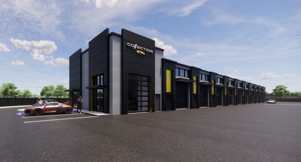 An exterior rendering depicts Collection 674's facade, featuring 14-foot automated garage doors and wide drive aisles. (Courtesy Collection 674)