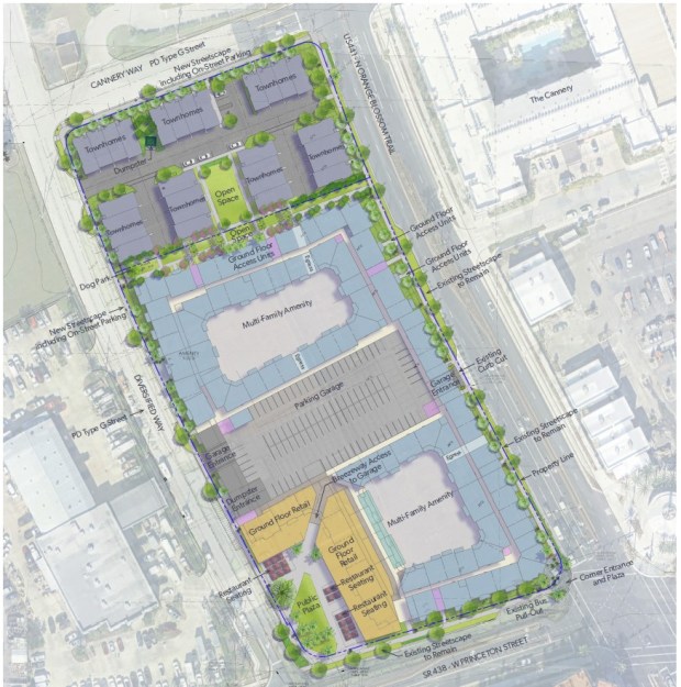The Crosland Southeast plan for The Packing District northwest quadrant calls for a 303-unit apartment building with structured parking and 17,080 square feet of dining and retail space. There would also be 28 purpose-built rental townhouses on the north end of the project. (Site plan by Charlan Brock Architects)