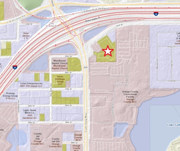 The recently rebranded Baymont Inn at the I-4 interchange with John Young Parkway is bordered by Orange County Correctional Facility. (Orange County Property Appraiser)