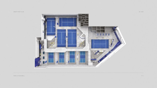 A top-down schematic illustrates how the 54,160-square-foot ground-floor layout optimizes traffic flow and maximizes court placement within the former mall anchor space. (Courtesy Smash Point Club)