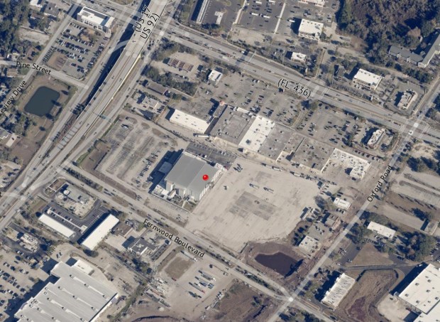 The former Fern Park jai-alai facility, now home to Journey Church. The county is requiring that the church install landscape islands with shade trees in the parking lot. (Seminole County Property Appraiser)