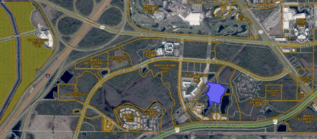 A site map highlights the 11-acre HVO Holdings parcel in World Gateway where Marriott has proposed to build 382 apartments. (Orange County Property Appraiser)