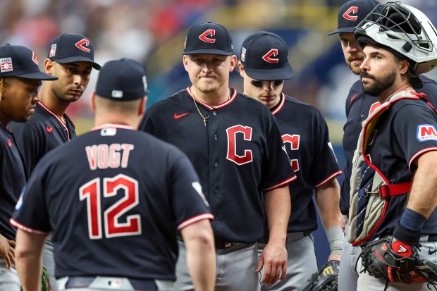 Manager Stephen Vogt comes out to remove Parker Messick during the eighth inning of the Guardians' loss to the Rays on July 26 in St. Petersburg, Florida. ( Mike Carlson/Getty Images)