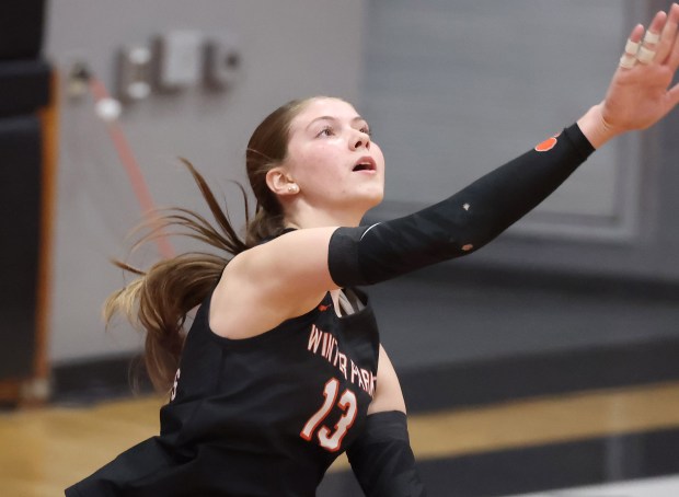 Winter Park player Isabel Incinelli serves during the FHSAA Class 7A State Volleyball Championship match of Winter Park versus Plant High School at Polk State College in Winter Haven on Saturday, November 8, 2025. (Stephen M. Dowell/Orlando Sentinel)
