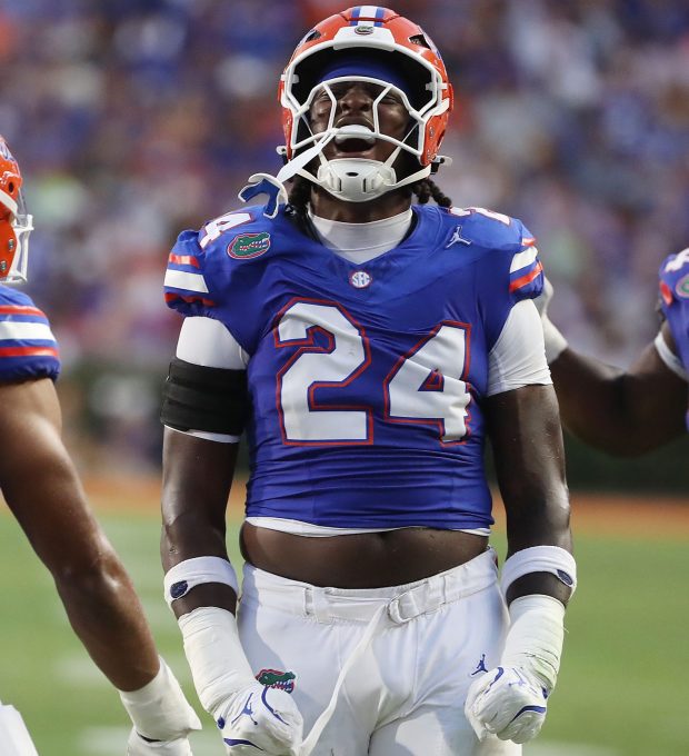 Florida player Kamran James screams in celebration during the Gators' 55-10 against Long Island University Aug. 30, 2025 at Ben Hill Griffin Stadium in Gainesville. (Stephen M. Dowell/Orlando Sentinel)