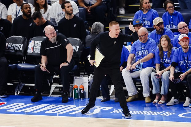San Antonio Spurs assistant coach Sean Sweeney reacts a play during the first half of Game 2 of the Western Conference Finals at Paycom Center in Oklahoma City on May 20. (Sam Owens/San Antonio Express-News)