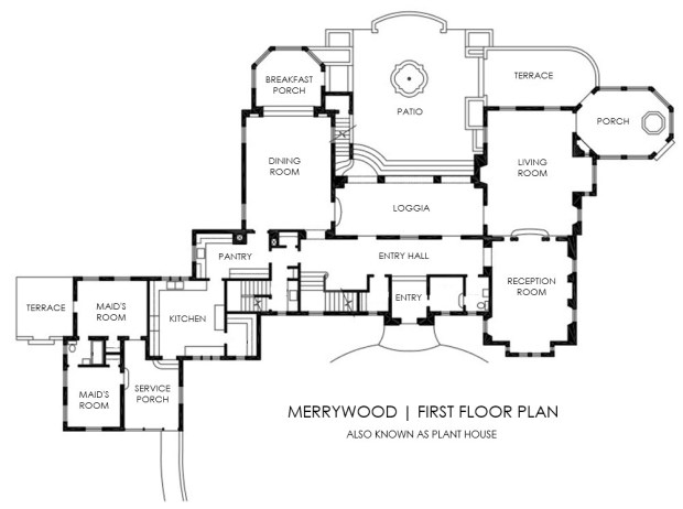 A map of the layout for the first floor of Merrywood in Winter Park, also known as Plant House. The 7,300-square-foot residence was designed by James Gamble Rogers II and built in 1939 for Caroline Griggs Plant, the daughter of a wealthy publisher from Chicago. It is the largest house designed by Rogers. Its owners are expected to demolish it later this year and sell the land. (Courtesy Patrick McClane)