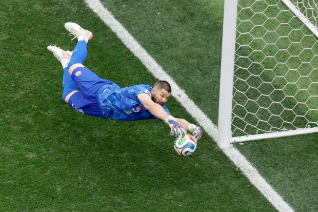 Canada goalkeeper Maxime Crepeau (16) makes a save during the second half of a World Cup round of 32 knock out match against South Africa at SoFi Stadium on Sunday, June 28, 2026, in Inglewood, Calif. (Ronaldo Bolanos/Los Angeles Times/TNS)