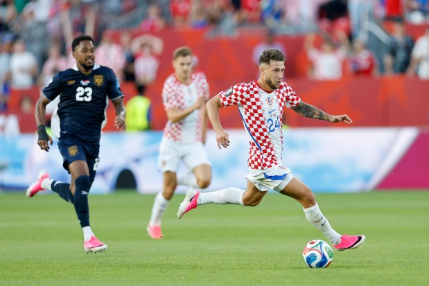 Marco Pasalic #24 of Croatia controls the ball during the FIFA World Cup 2026 Group L match between Panama and Croatia at Toronto Stadium on June 23, 2026 in Toronto, Ontario. (Photo by Michael Reaves/Getty Images)