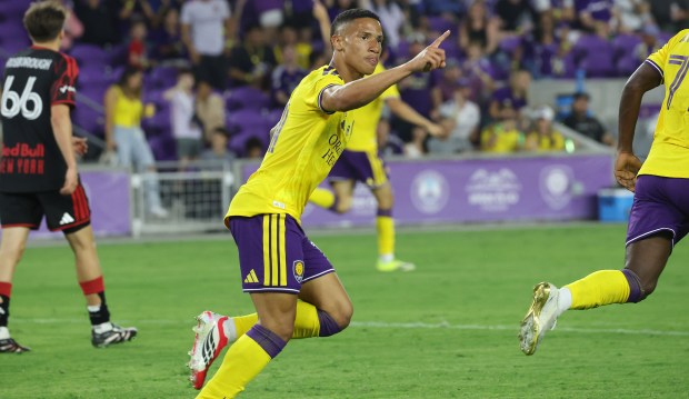 Orlando player Tiago celebrates after scoring a goal during the New York Red Bulls at Orlando City Soccer MLS match in Orlando on Saturday, February 21, 2026. New York won the game 2-1. (Stephen M. Dowell/Orlando Sentinel)