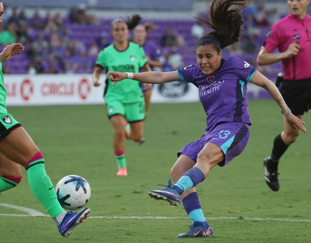 Orlando player Jacquie Ovalle kicks at goal during the Boston Legacy FC at Orlando Pride NWSL match at Inter&Co Stadium in Orlando on Wednesday, July 15, 2026. Boston won the match 1-0. (Stephen M. Dowell/Orlando Sentinel)