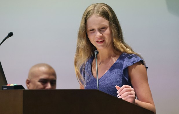 Katelyn Weaver, who will be going into the 8th grade, speaks during a meeting of the Orange County School Board in Orlando on Tuesday, July 28, 2026. The Orange County School Board was scheduled to vote on a new policy that could ban e-bikes and e-scooters from school properties unless a student holds a valid driver's license. (Stephen M. Dowell/Orlando Sentinel)
