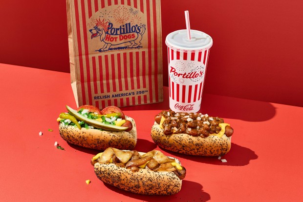 Guests can enjoy the new Char'diniera Dog Maxwell-style with a variety of toppings, including mustard and grilled onions or Chicago-style. (Photo courtesy Portillo's)