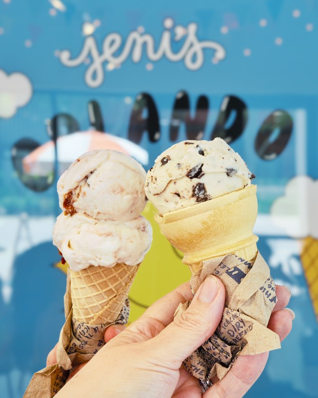 Two cones kiss at Jeni's in the Winter Park Village shopping center. (Photo Courtesy Lisa Wilk/TasteCookSip.com)