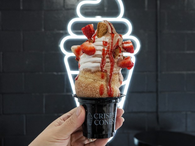 This Crispy Cone was customized but they have a menu of specials. Guests can enjoy these cones with or without ice cream, including vegan options. (Photo courtesy Lisa Wilk/TasteCookSip.com)