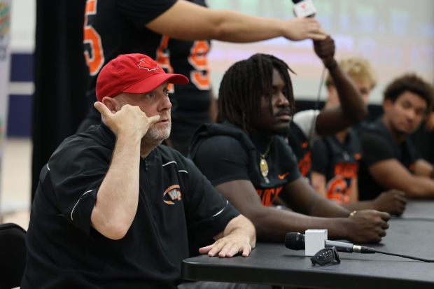 Winter Park coach Tim Shifflet is pictured during interviews with his team at the Varsity Football Media Day at 407 Sports Training Facility in Ocoee on Saturday, July 25, 2026. (Stephen M. Dowell/Orlando Sentinel)
