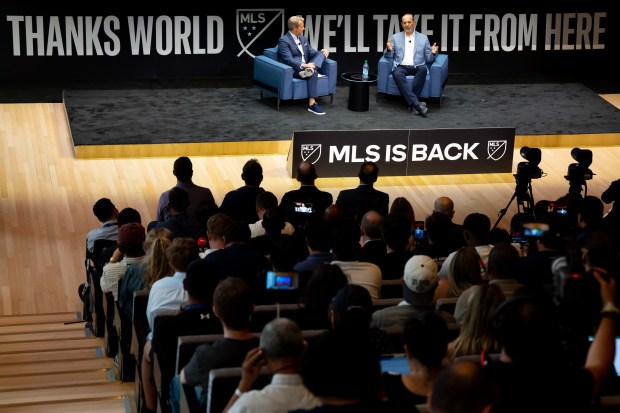 FOX Sports host Rob Stone and MLS Commissioner Don Garber speak at the MLS "The Next Chapter" Press Conference on July 16, 2026 in New York City. (Photo by Caleb Bowlin/Getty Images)