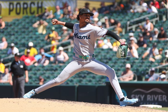 Pérez pulled after 7 perfect innings against A's, and Marlins nearly blow 8-run lead in 9-8 win