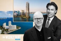 Swire Properties' Dave Martin and Fortune International Group's Edgardo Defortuna with The former Mandarin Hotel in Miami and a rendering of the planned Mandarin Hotel