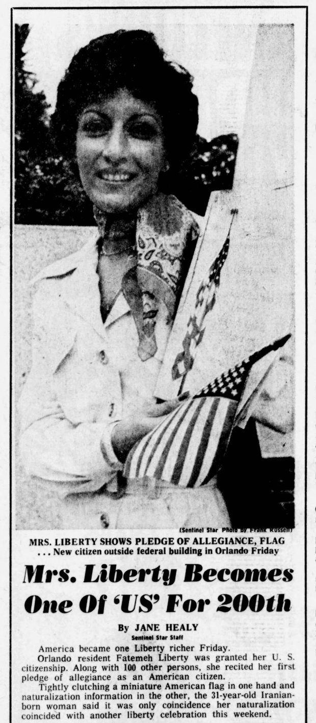 Orlando resident Fatemeh Liberty became a U.S. citizen on July 2, 1976, and her story appeared on the front page of the Sentinel Star. (Orlando Sentinel File)