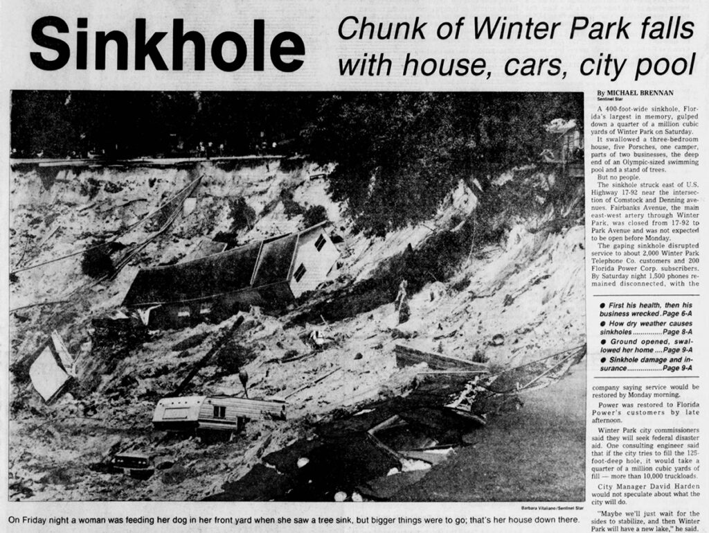 Newspaper front page with headline "Sinkhole" and photo of Winter Park sinkhole