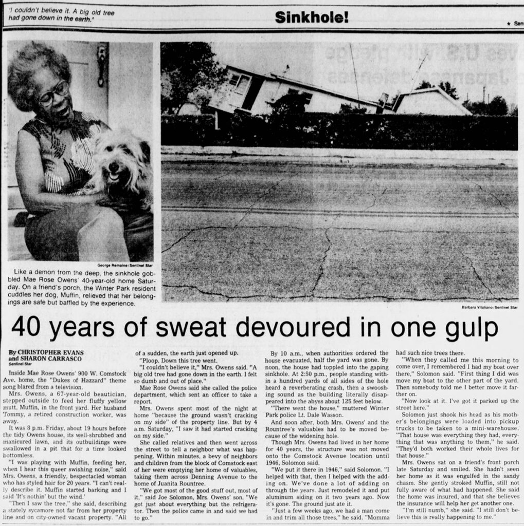 Newspaper article with 2 photos showing Mae Rose Owens poses with her dog