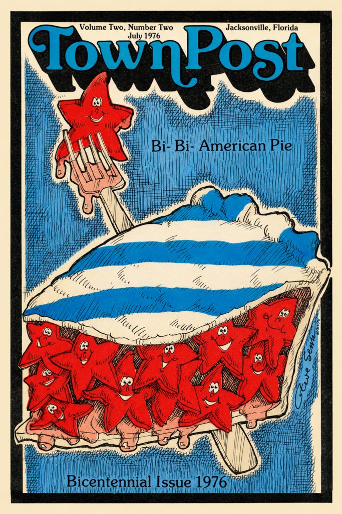 The centerfold of the “Town Post,” a 16-page tabloid newspaper, listed all the events – free or otherwise – in its Bicentennial issue, aptly named Bi-, Bi- American Pie. | Photo: Jacksonville History Center Collection
