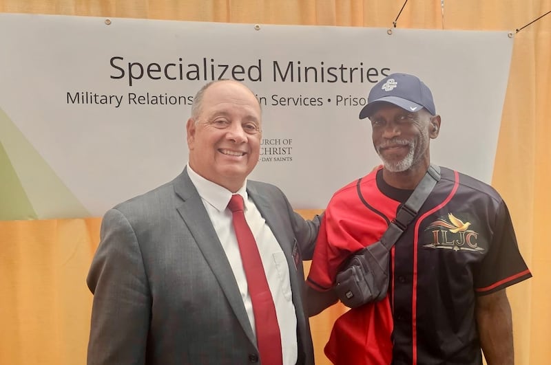 Elder Timothy Fagan, a Military Relations service missionary and a veteran, stands with another veteran athlete at the 2026 National Veterans Golden Age Games held in Tampa, Florida, from June 27 to July 2.