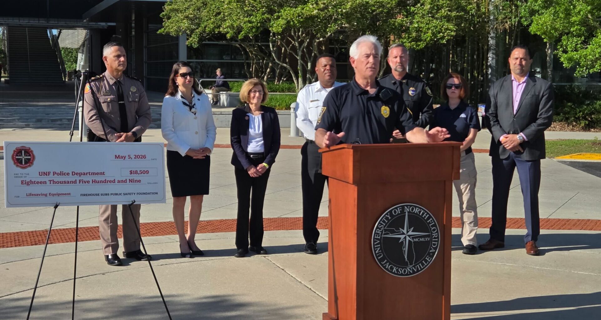 University of North Florida Police Department officials gather May 5 as the Firehouse Subs Public Safety Foundation presents an $18,509 grant for lifesaving emergency response equipment. Photo courtesy Firehouse Subs Public Safety Foundation